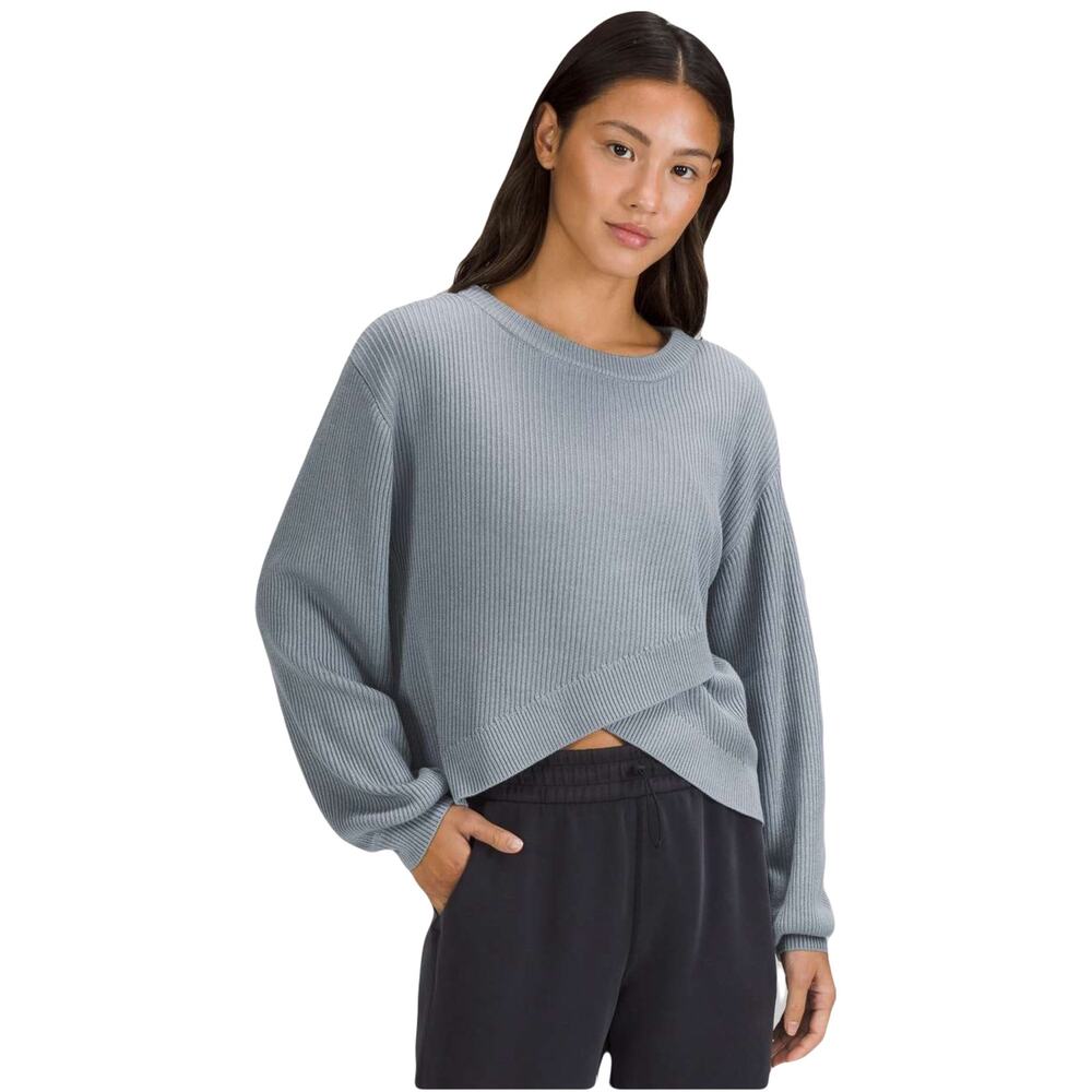 NWOT LULULEMON Sweater 6 Blue Grey Reversible Crossover Ribbed Knit Long-Sleeve